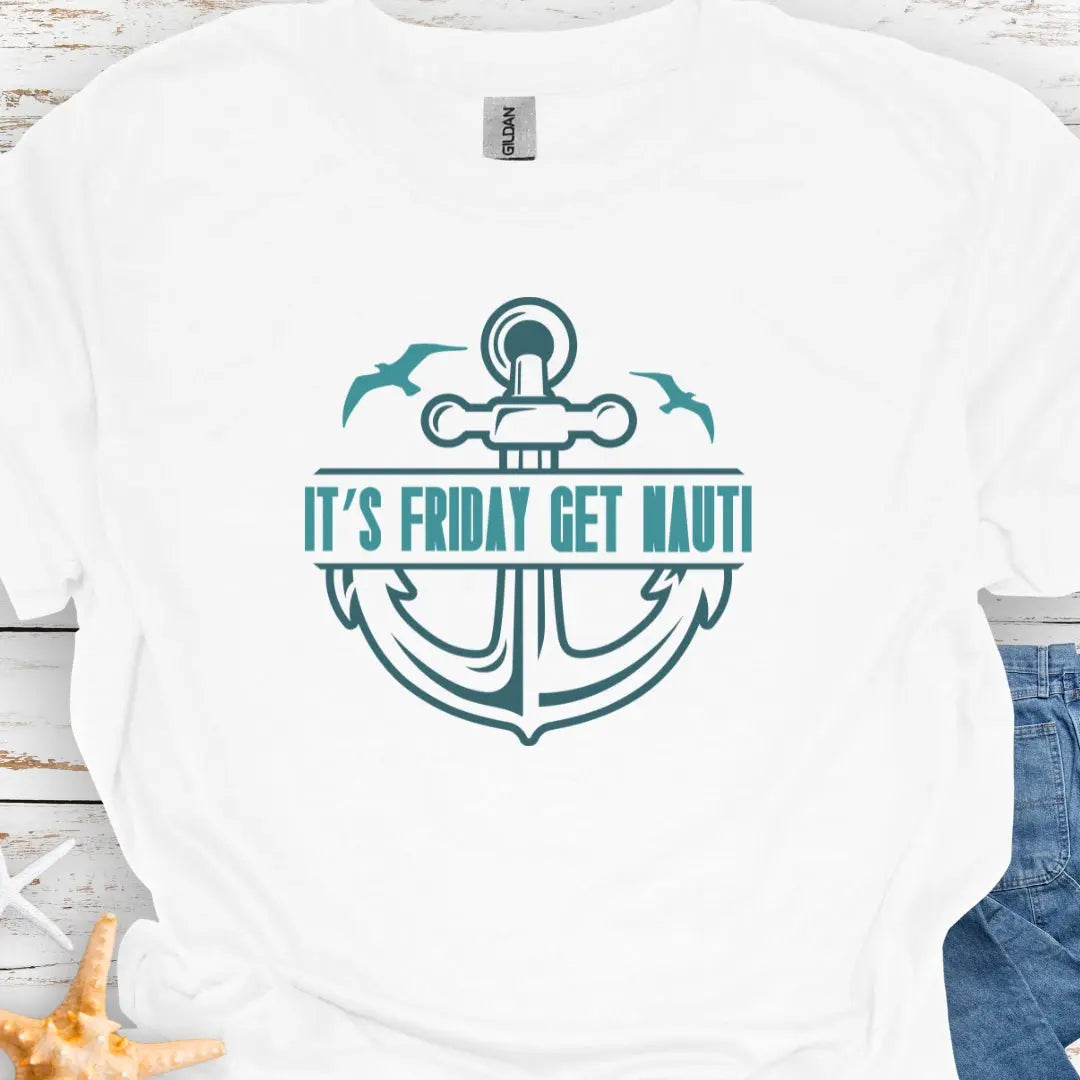 White T-shirt with anchor and text Nauti Friday.