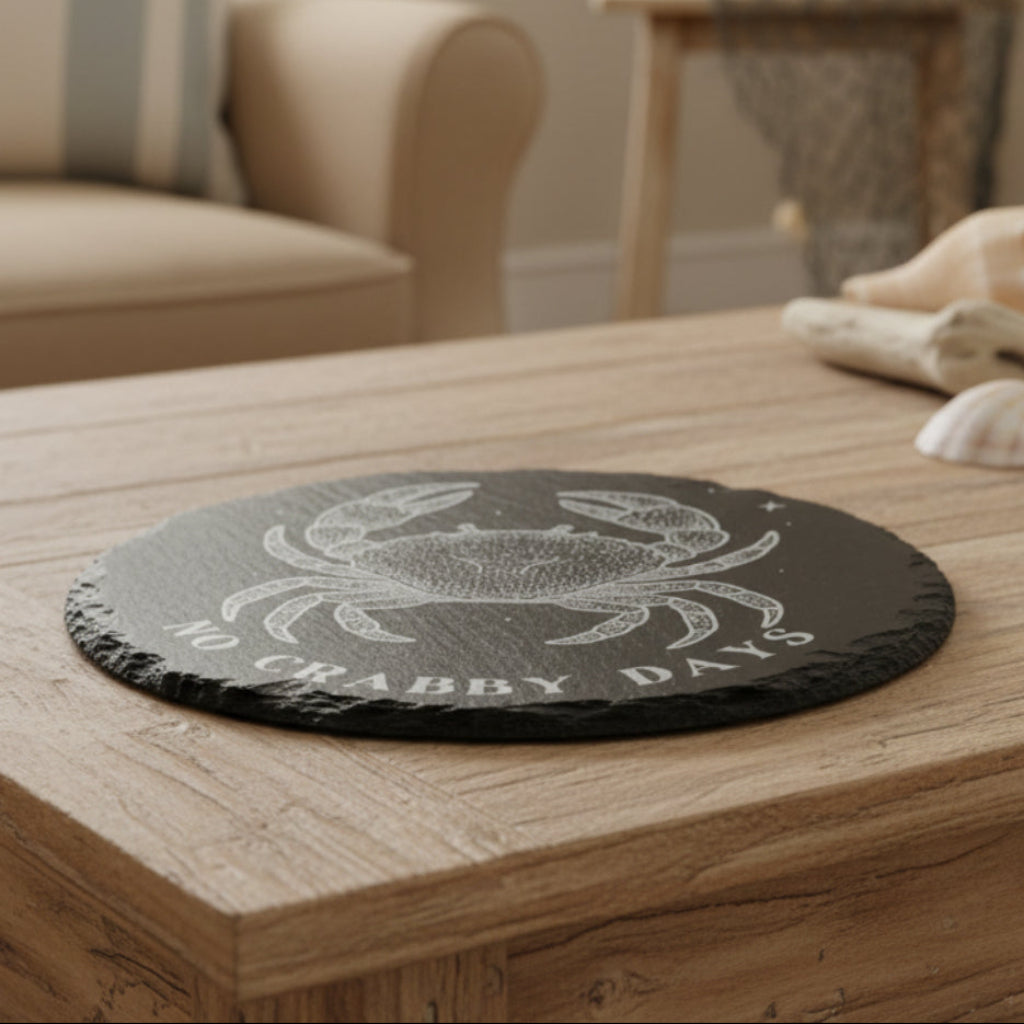 Engraved slate coaster with crab design and 'No Crabby Days' text.