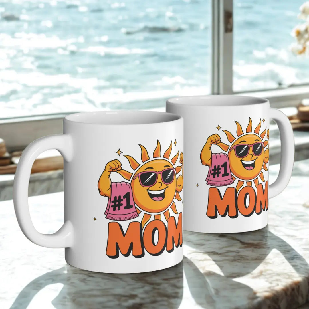 Two white 11 oz mug with a muscle woman sun wearing sunglasses holding a beach towel over her arm that says #1 Mom.