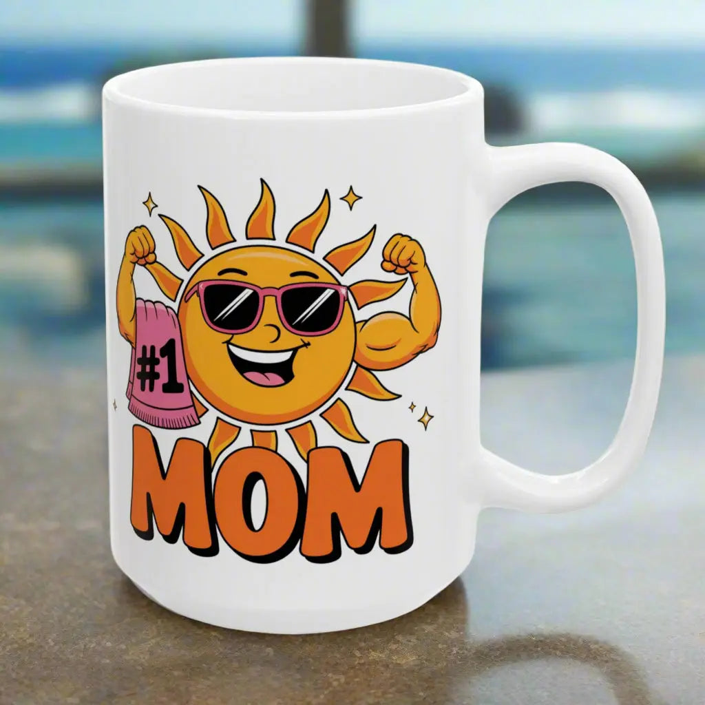 A white 15 oz mug with a muscle woman sun wearing sunglasses holding a beach towel over her arm that says #1 Mom.