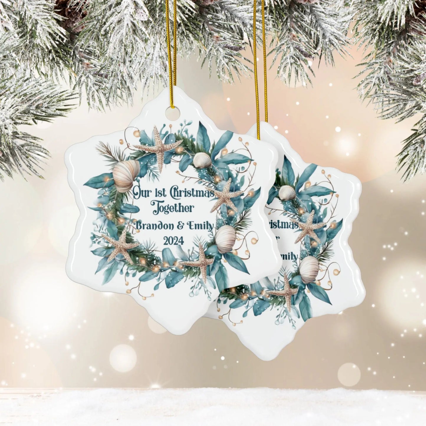 Front and back white snowflake ornament featuring a beach-themed wreath with seashells and starfish, displaying "Our 1st Christmas Together." Personalized with names and year, this coastal holiday keepsake is perfect for celebrating a special first Christmas.