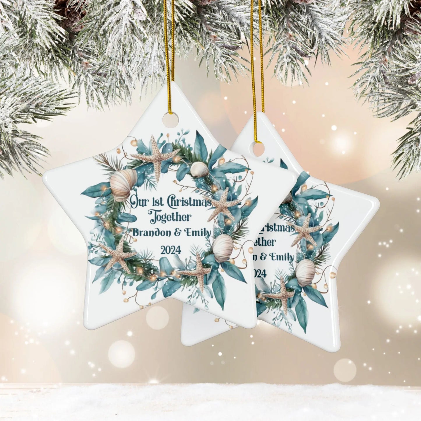 Front and back white star ornament featuring a beach-themed wreath with seashells and starfish, displaying "Our 1st Christmas Together." Personalized with names and year, this coastal holiday keepsake is perfect for celebrating a special first Christmas.