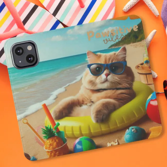 Opened Phone Cover with cat lounging on beach with pool toys and drinks surrounding with text Pawsitive Vibes