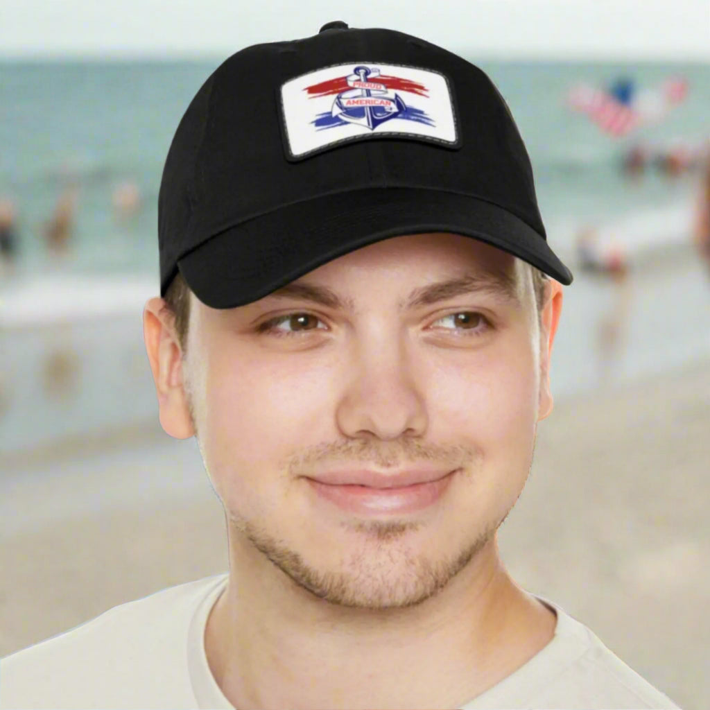 Black Curved-bill hat with leather patch featuring an anchor design and the words “Proud American,” perfect for patriotic celebrations and everyday wear.
