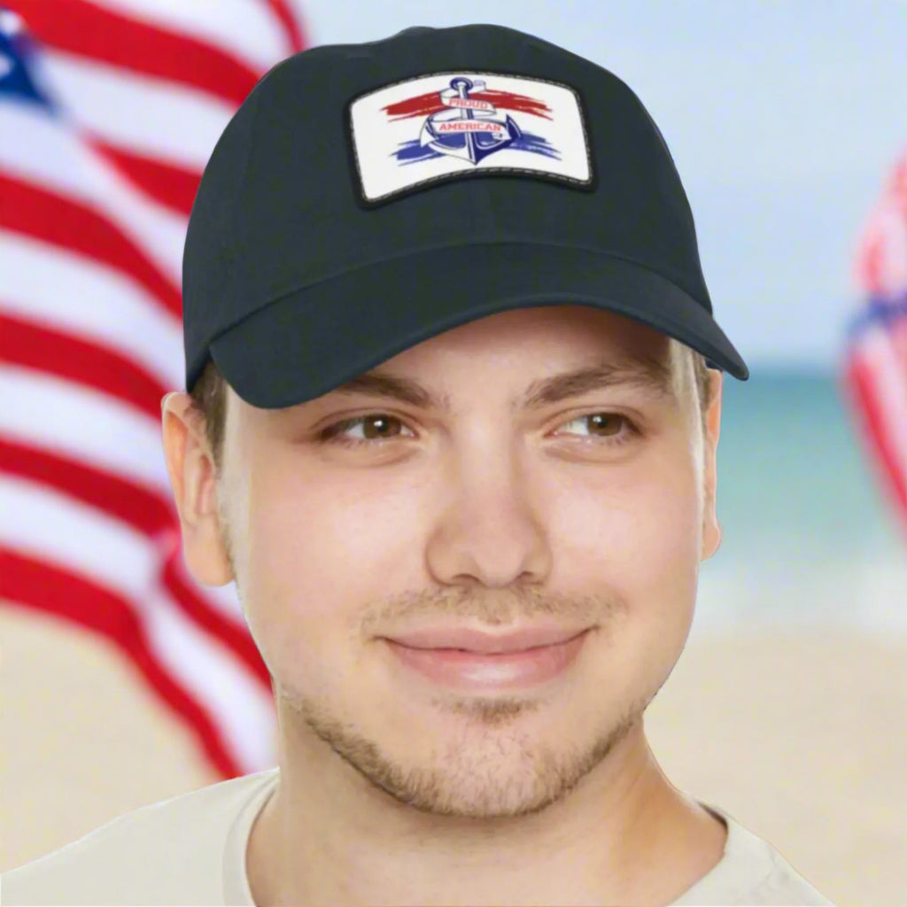 Navy Curved-bill hat with leather patch featuring an anchor design and the words “Proud American,” perfect for patriotic celebrations and everyday wear.