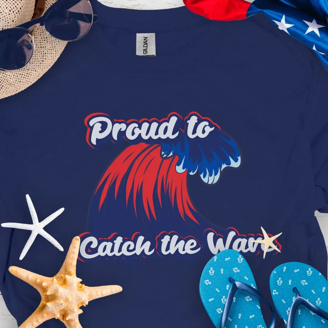 Navy t-shirt with red and blue wave with red, blue and white text Proud to Catch the Wave.