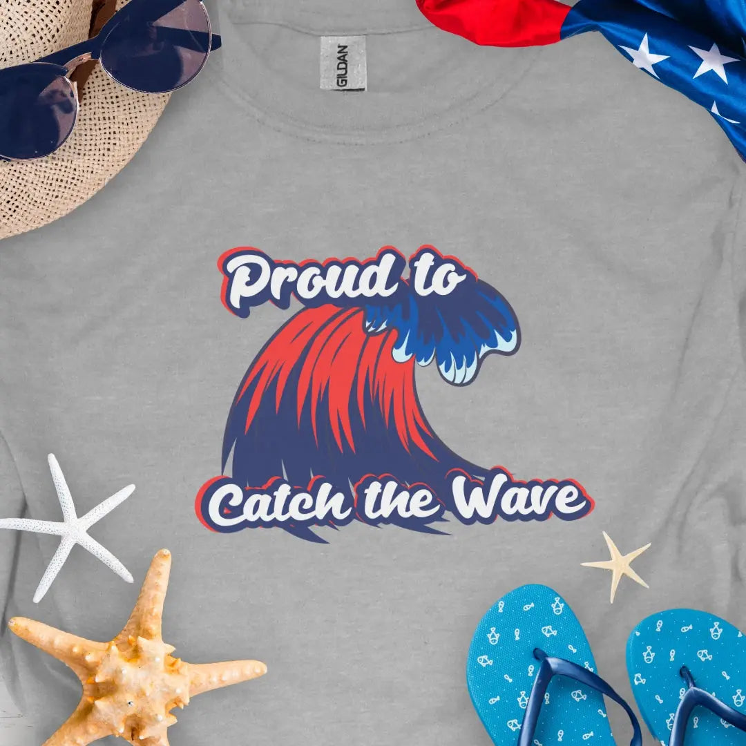 Sport Gray t-shirt with red and blue wave with red, blue and white text Proud to Catch the Wave.