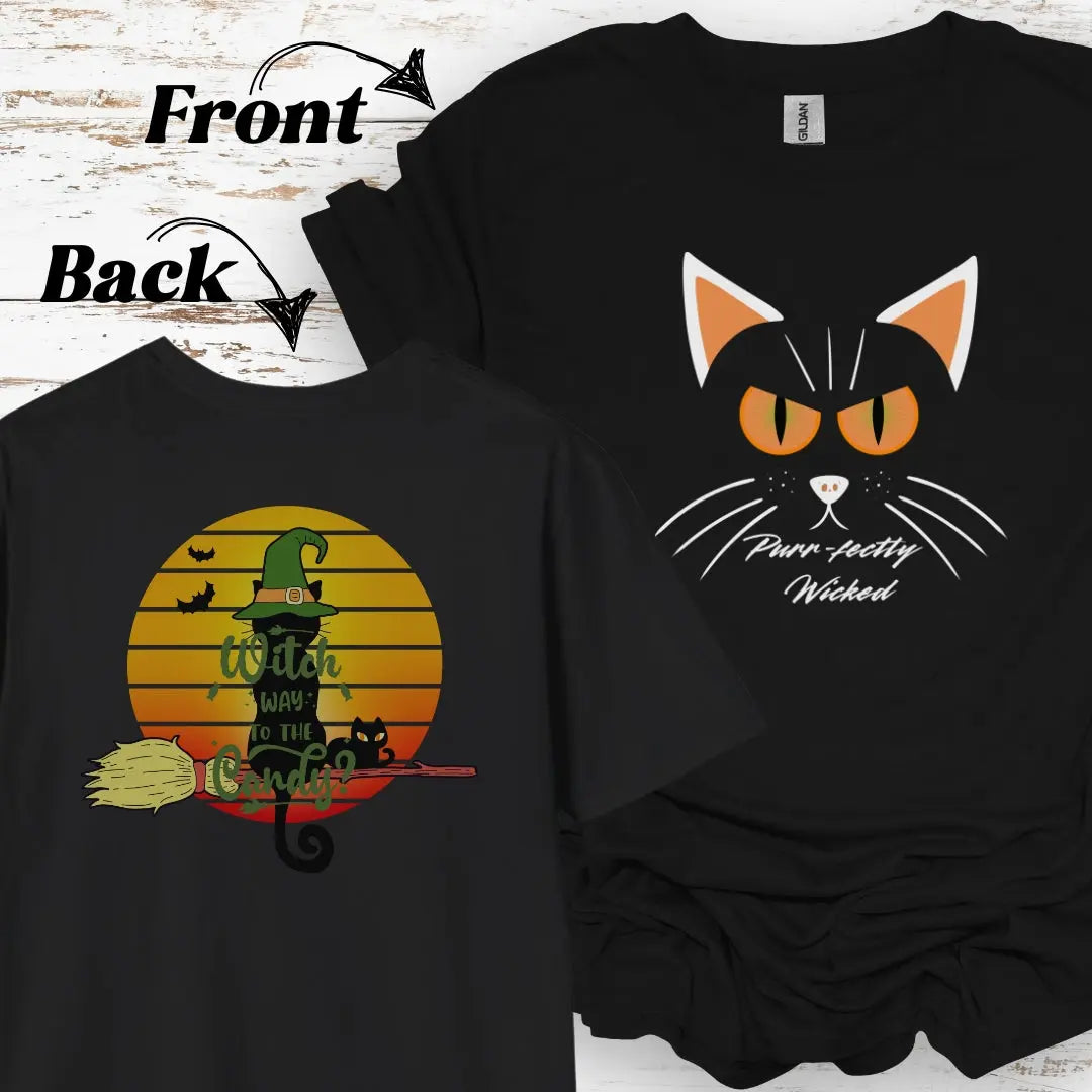 Black Front and Back View of Halloween t-shirt with Cat on front with text Purr-fectly Wicked and back of black cat in retro sunset with witches hat with text witch way to the candy?