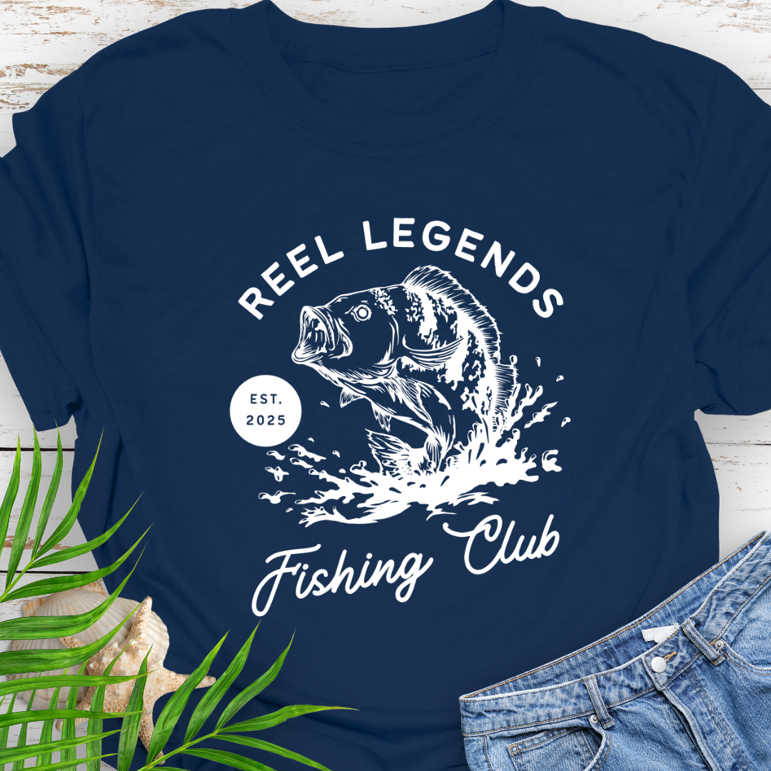 Navy Blue Reel Legends Fishing Club Unisex T-shirt perfect for a fishing enthusiast.