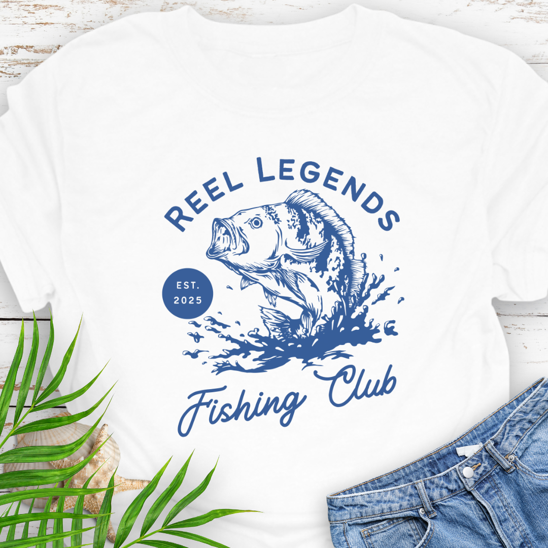 White Reel Legends Fishing Club Unisex T-shirt perfect for a fishing enthusiast.
