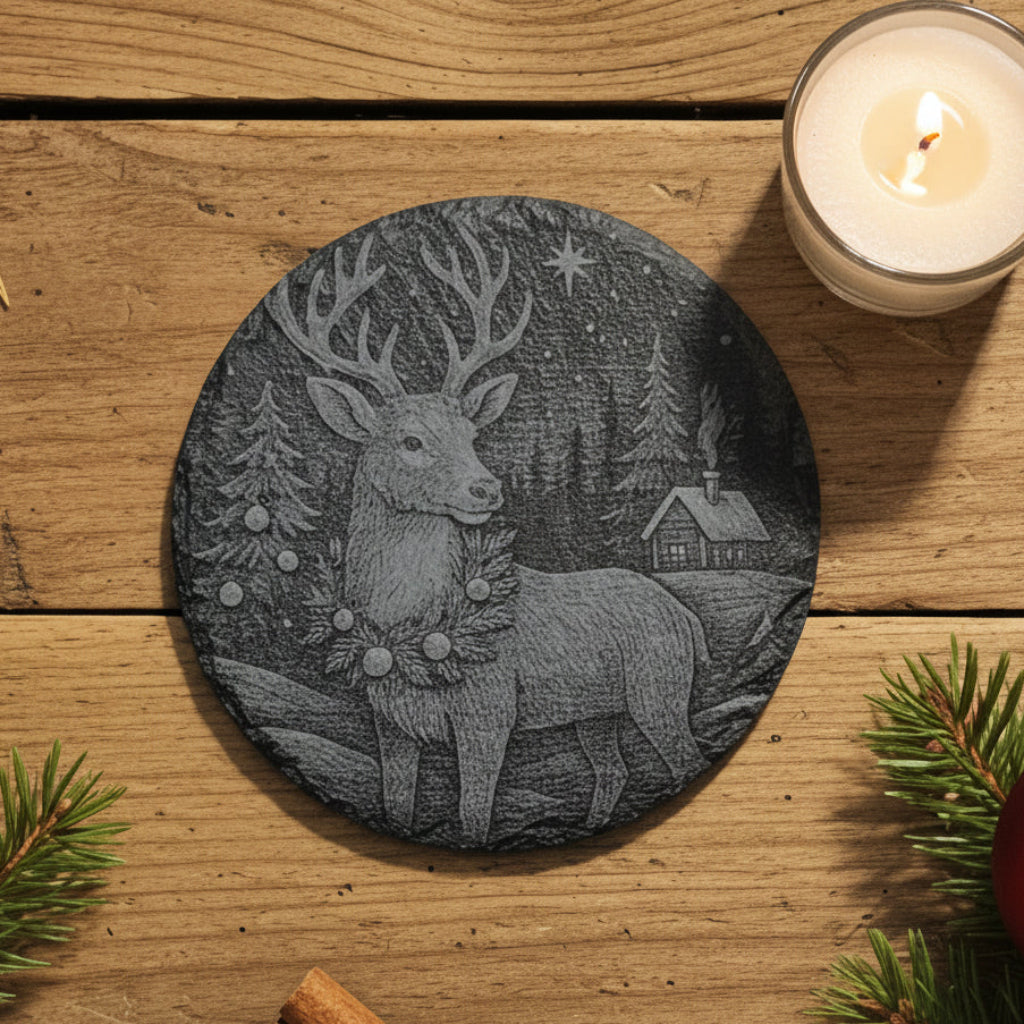 Decorative coaster with a reindeer design in a snowy wooded forest with a Christmas tree and cabin.