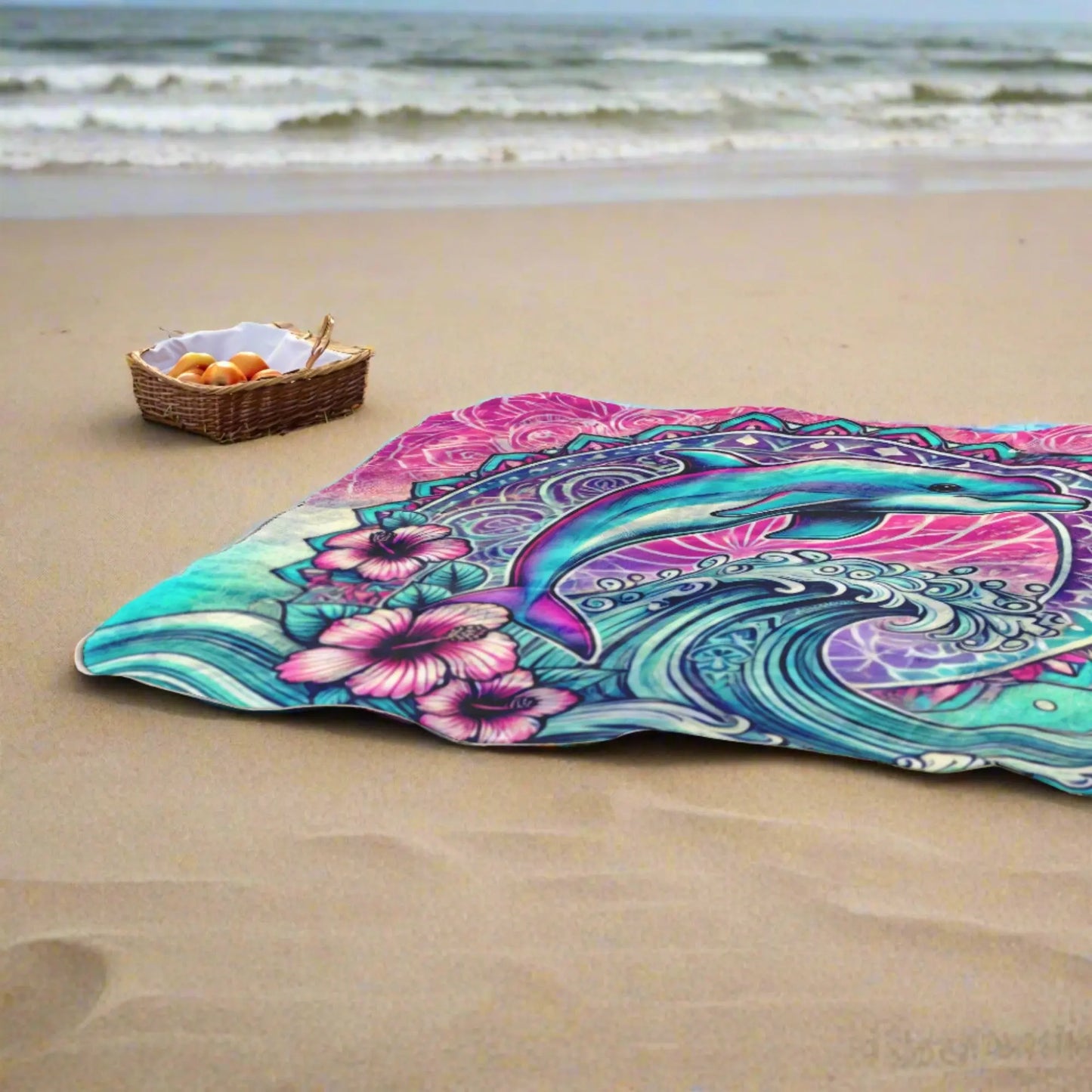 Beach Blanket with waves and dolphin in pink and aqua