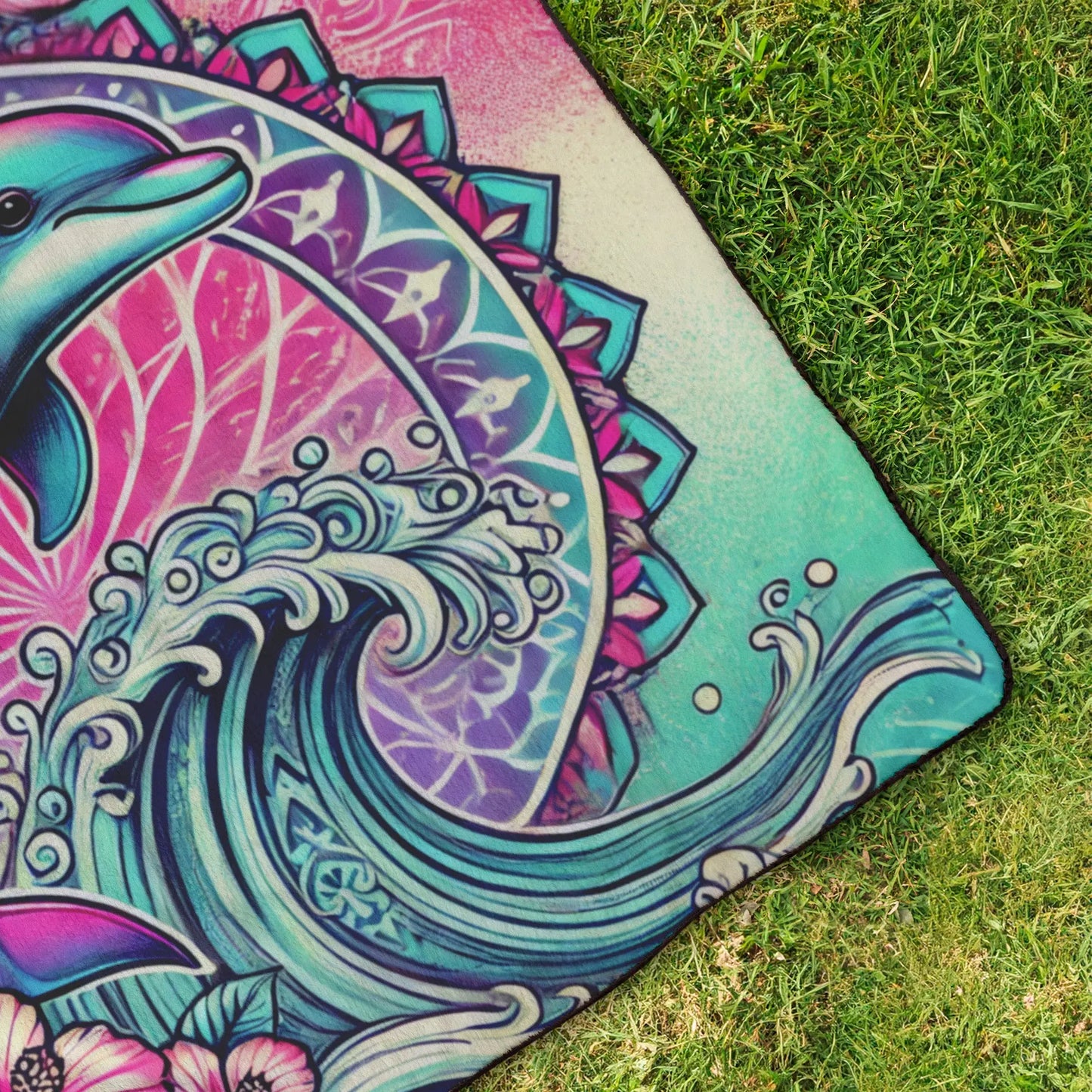 Corner of Beach Blanket with waves and dolphin in pink and aqua