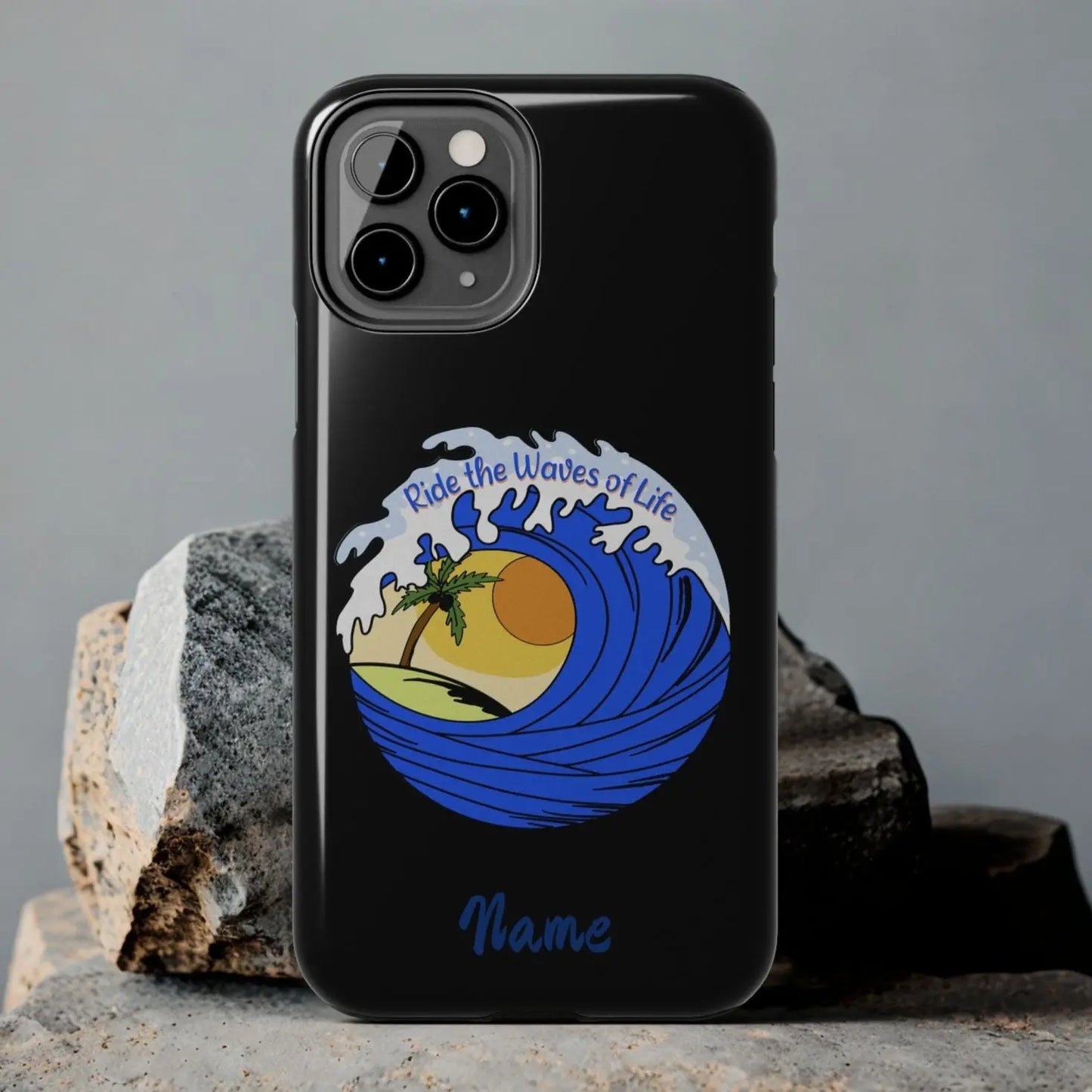Black 11 Pro iPhone Case with wave with sun and palm tree in the middle that says Ride the Waves of Life.