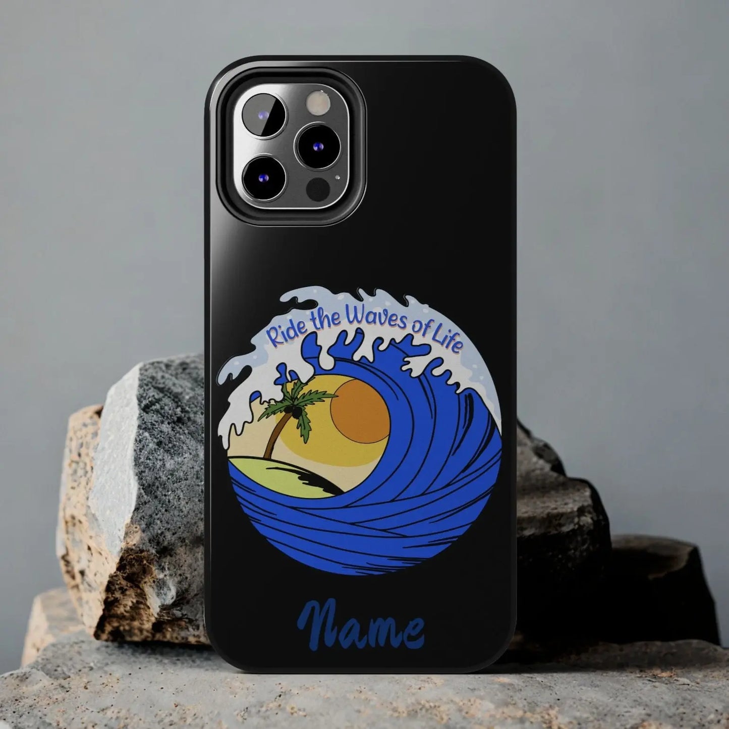 Black iPhone 12 Pro Max Case with wave with sun and palm tree in the middle that says Ride the Waves of Life.