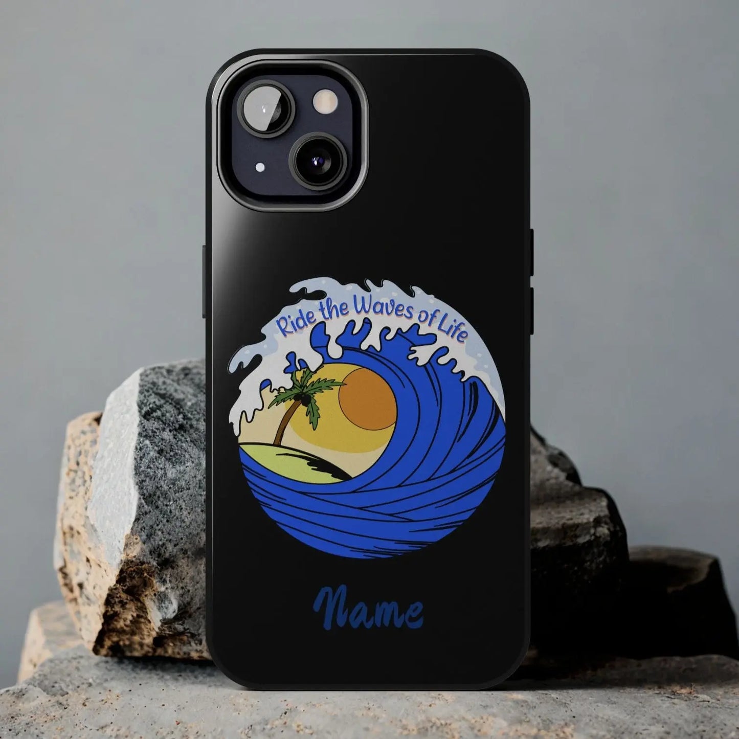 Black iPhone 13 Case with wave with sun and palm tree in the middle that says Ride the Waves of Life.