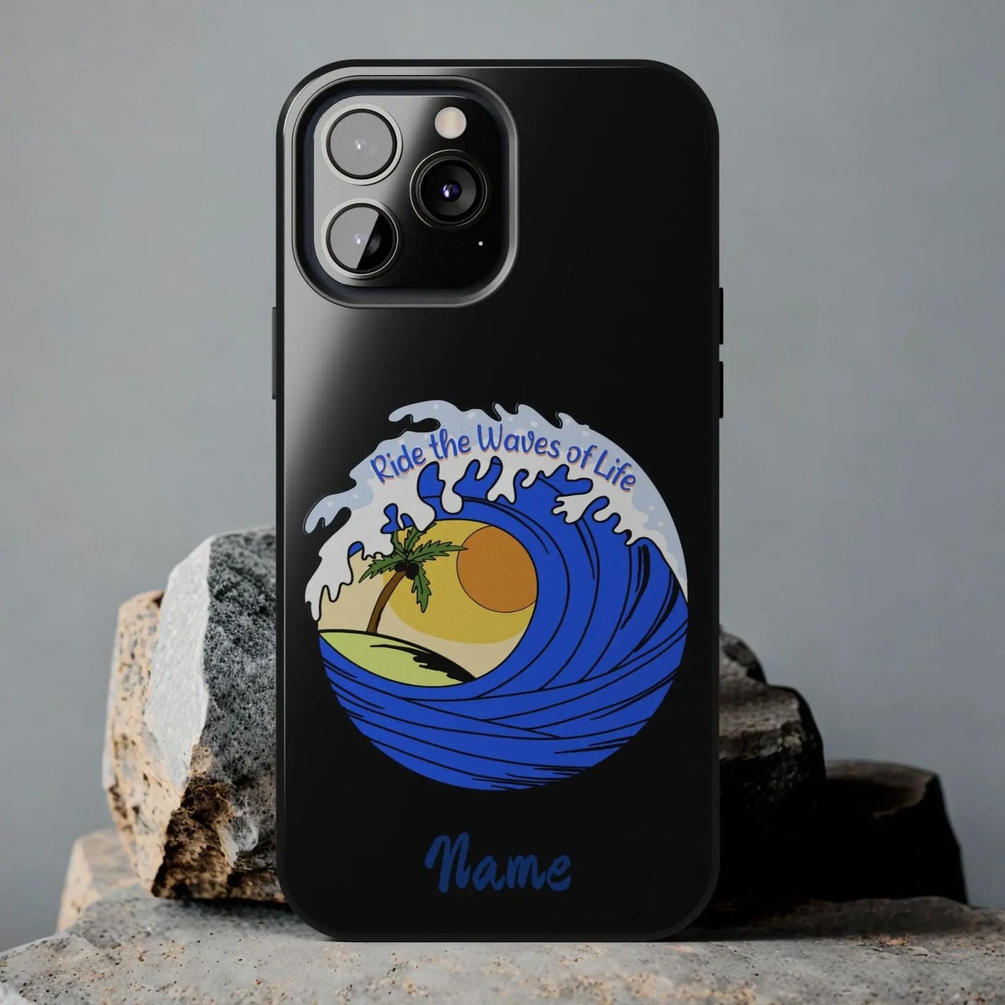 Black iPhone 13 Pro Max Case with wave with sun and palm tree in the middle that says Ride the Waves of Life.