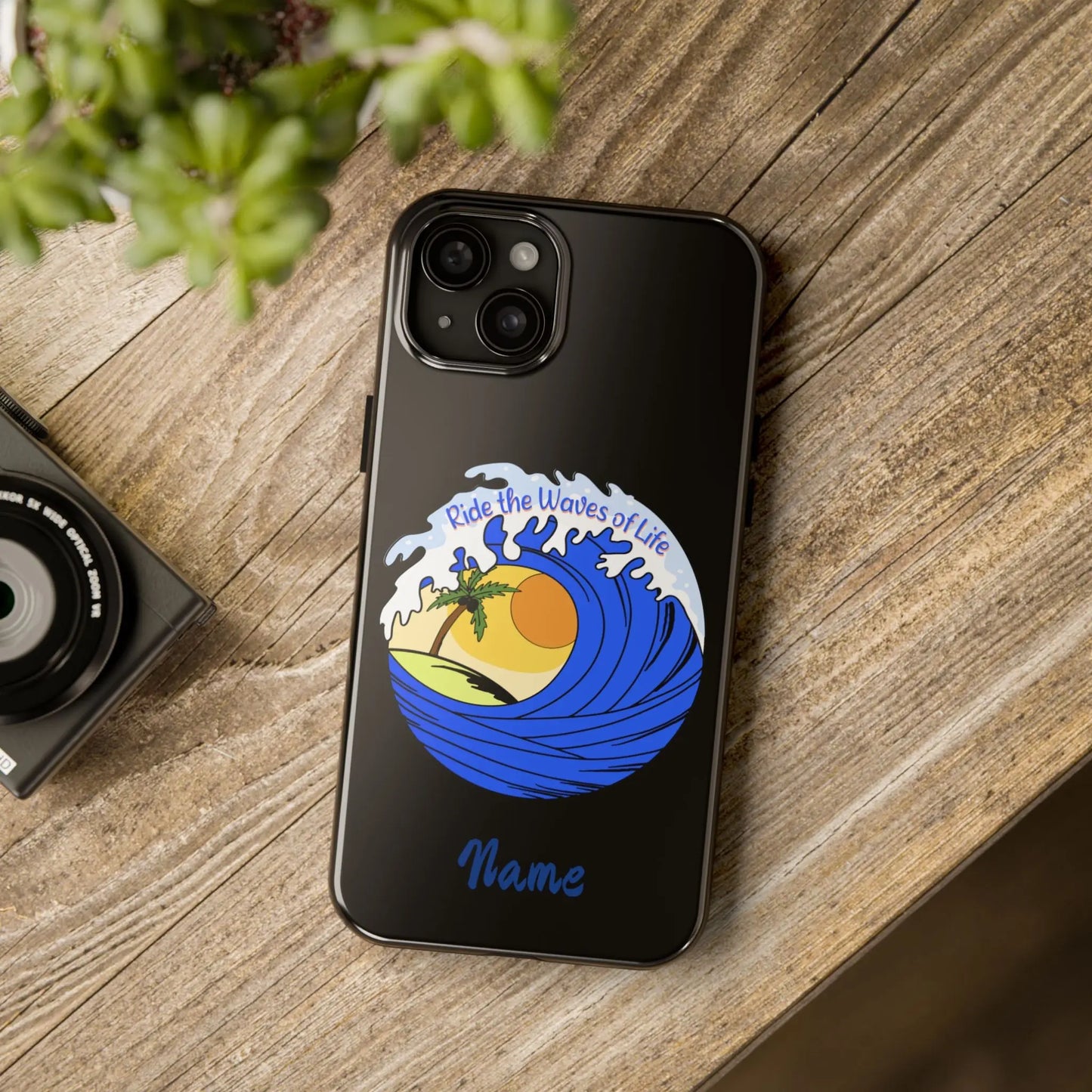 Black iPhone 15 Plus Case with wave with sun and palm tree in the middle that says Ride the Waves of Life.
