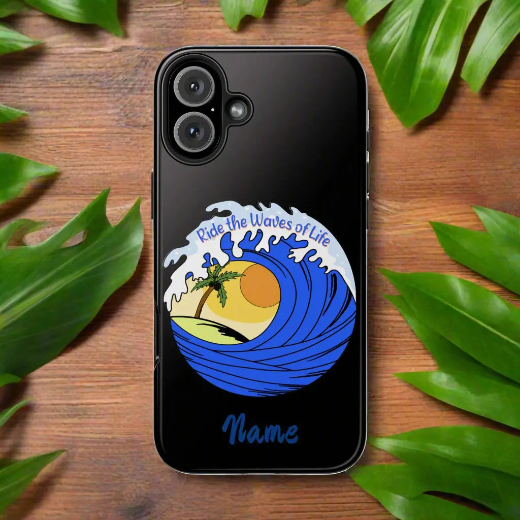 Black iPhone Case with wave with sun and palm tree in the middle that says Ride the Waves of Life.