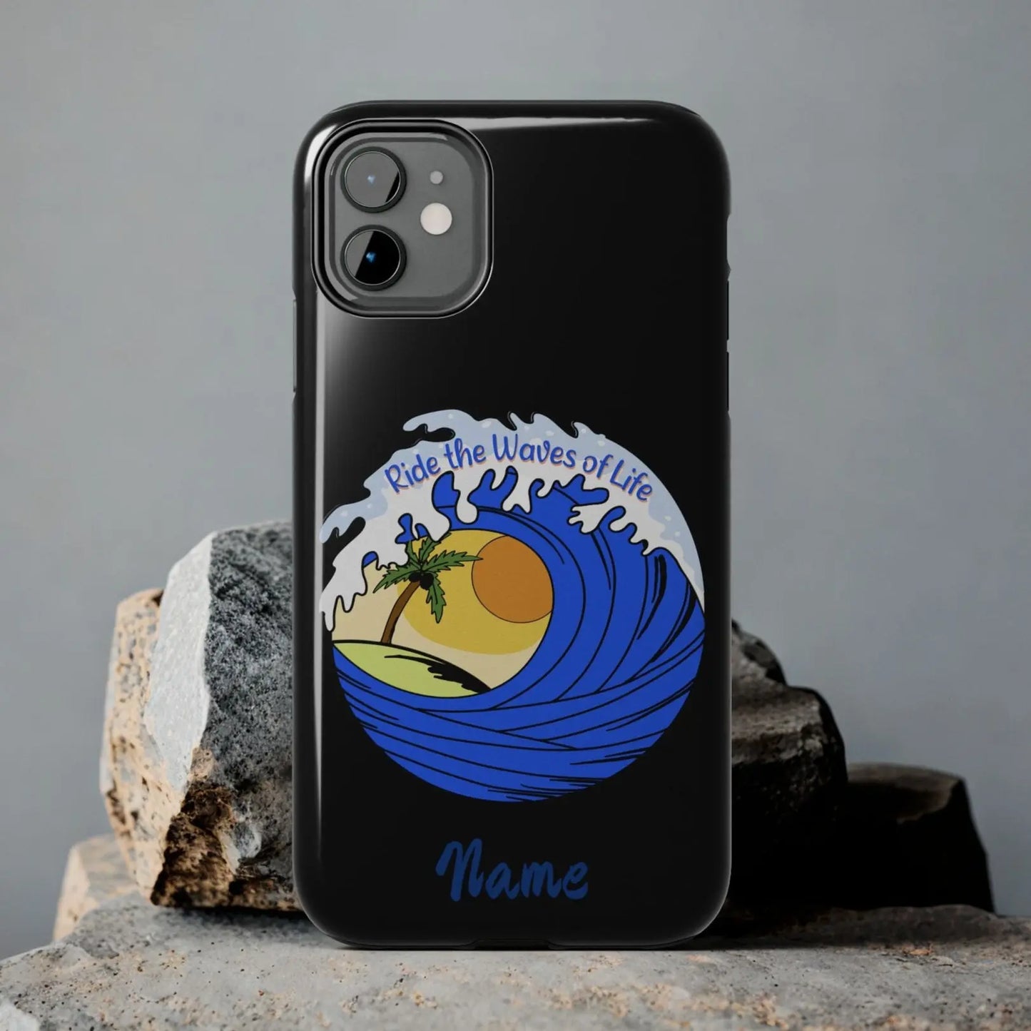 Black 11 iPhone Case with wave with sun and palm tree in the middle that says Ride the Waves of Life.