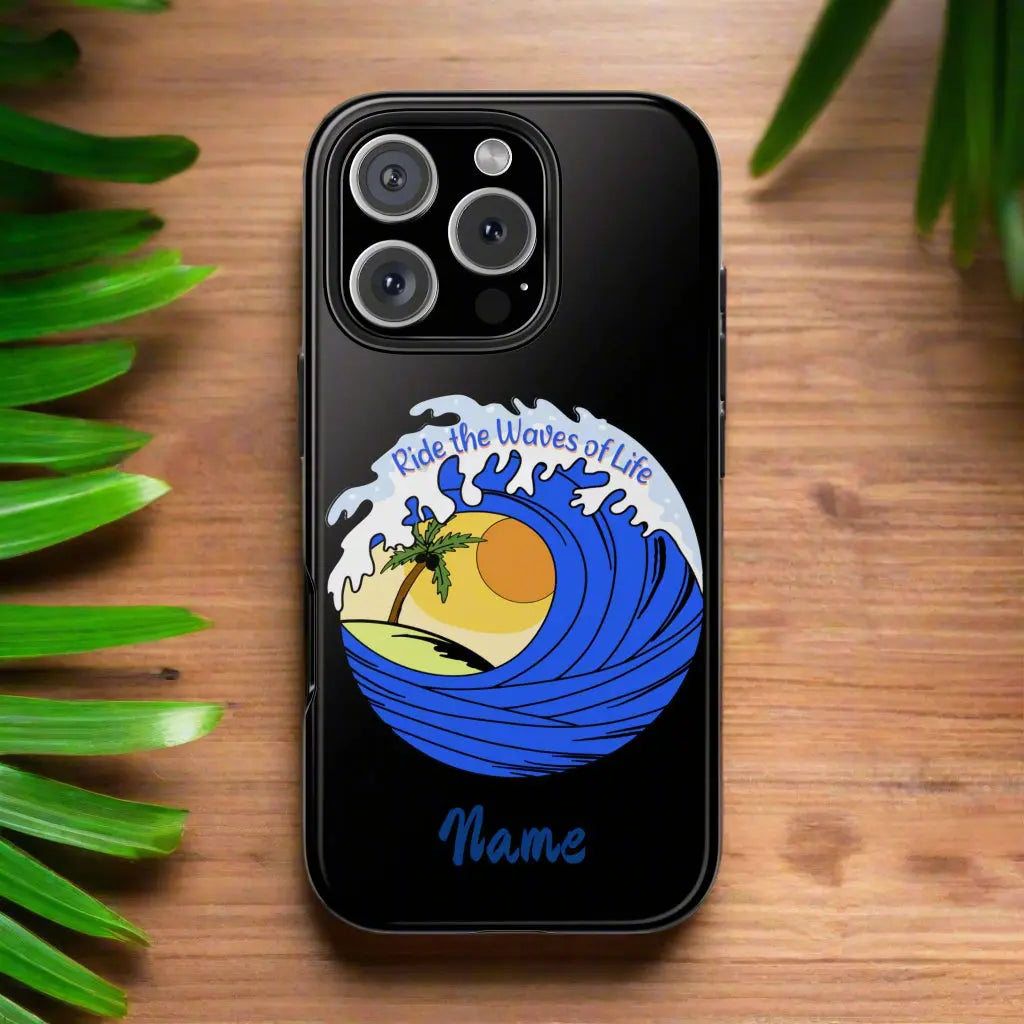 Black iPhone 16 Pro Case with wave with sun and palm tree in the middle that says Ride the Waves of Life.