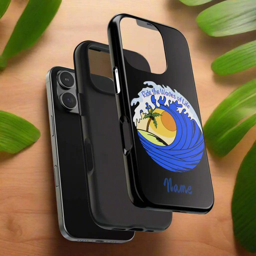 Black iPhone Case layers with wave with sun and palm tree in the middle that says Ride the Waves of Life.