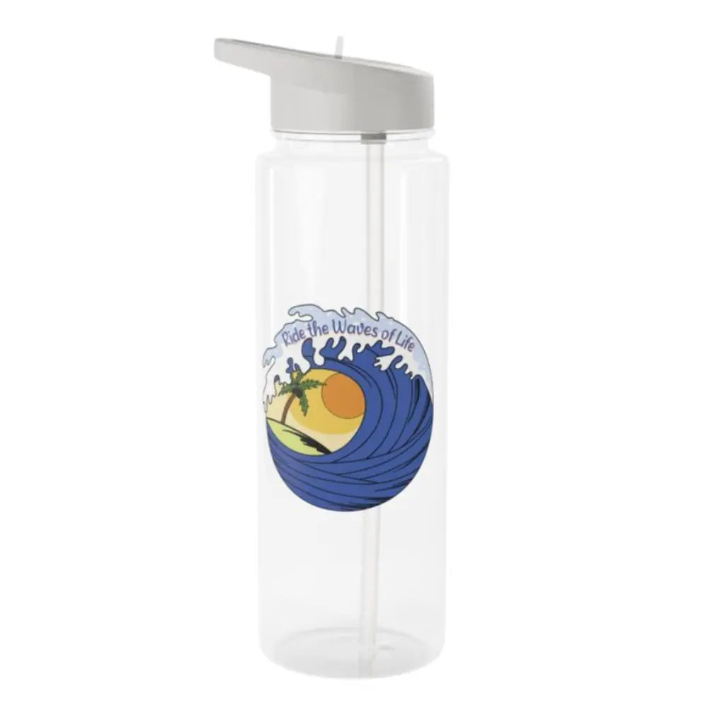 Clear tritan water bottle with ocean wave around sunset with palm tree that says Ride the Waves of Life.