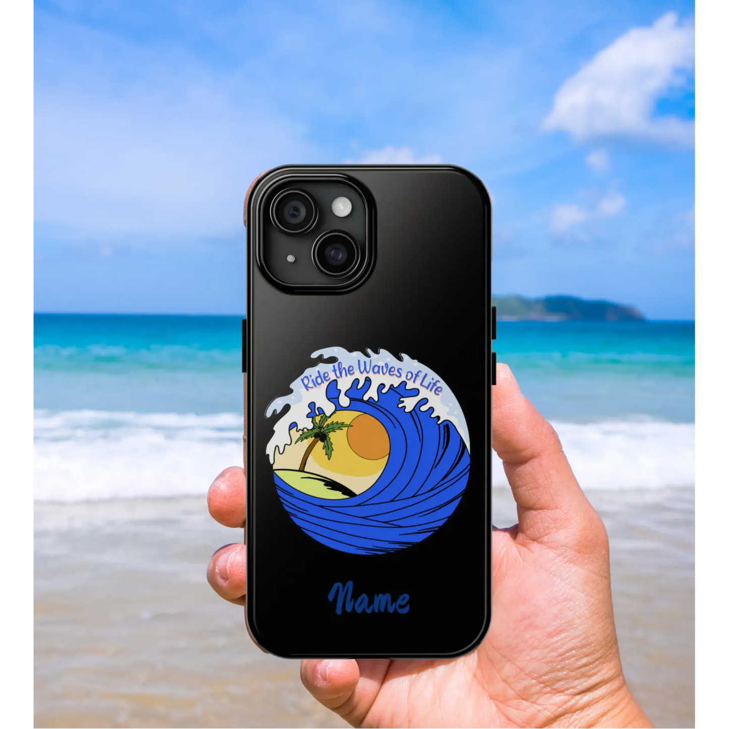 Black iPhone Case with wave with sun and palm tree in the middle that says Ride the Waves of Life.