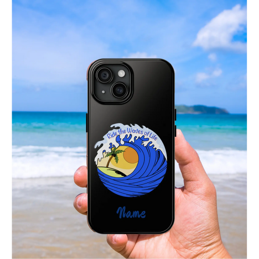 Black iPhone Case with wave with sun and palm tree in the middle that says Ride the Waves of Life.