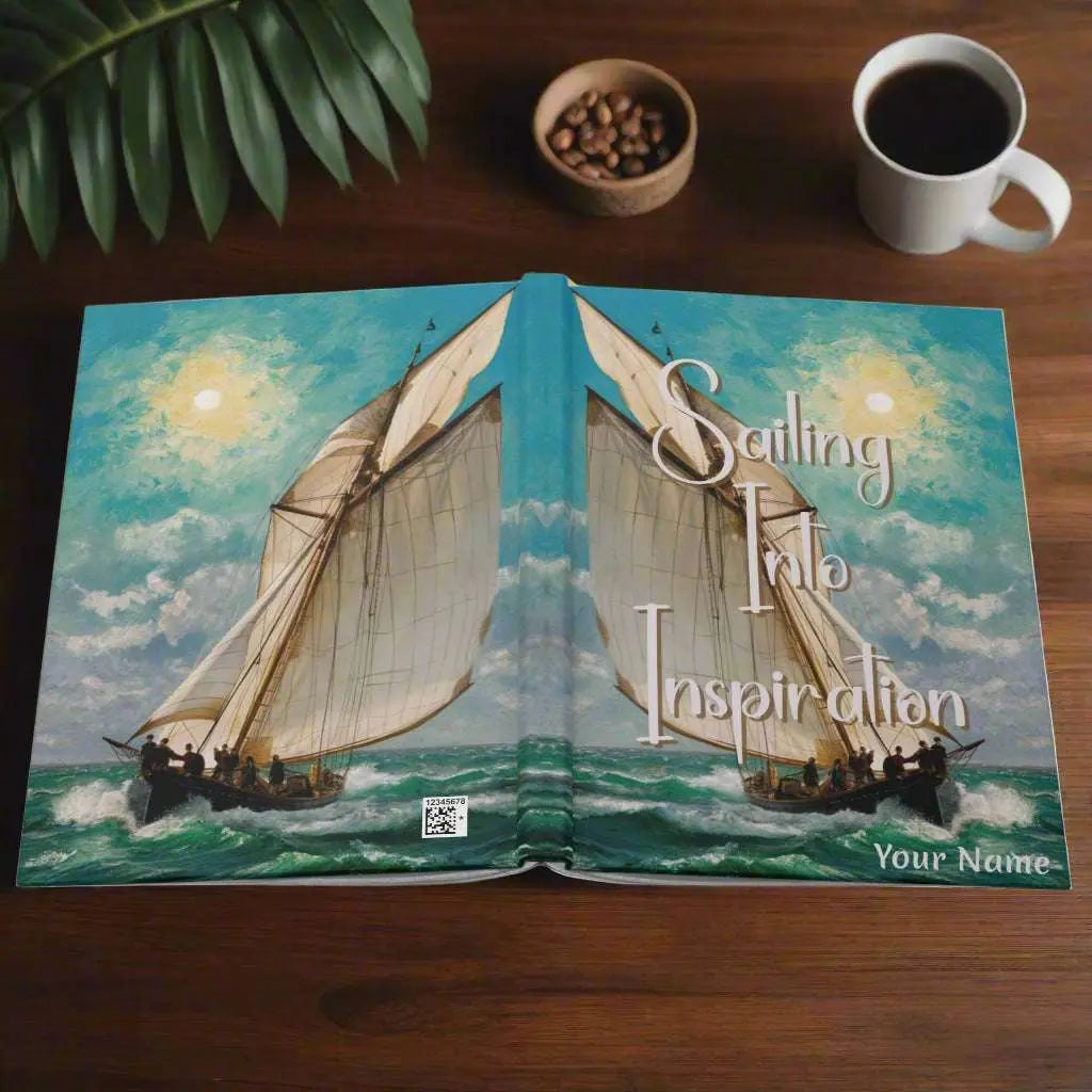 Our Hardcover 150 lined-page Journal featuring a timeless sailboat navigating rolling waves under a dramatic sky. With the inspiring slogan "Sailing Into Inspiration".
