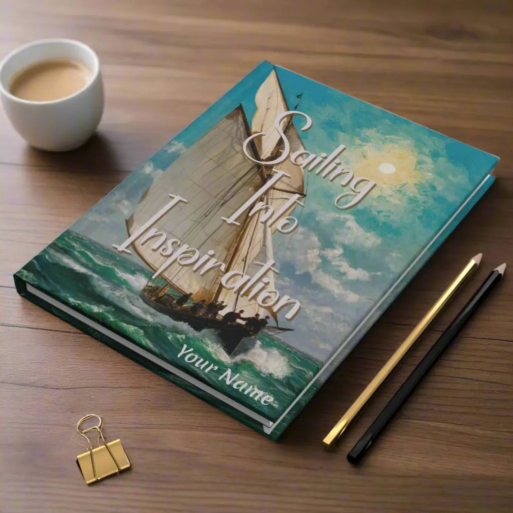 Our Hardcover150 lined-page Journal featuring a timeless sailboat navigating rolling waves under a dramatic sky. With the inspiring slogan "Sailing Into Inspiration".