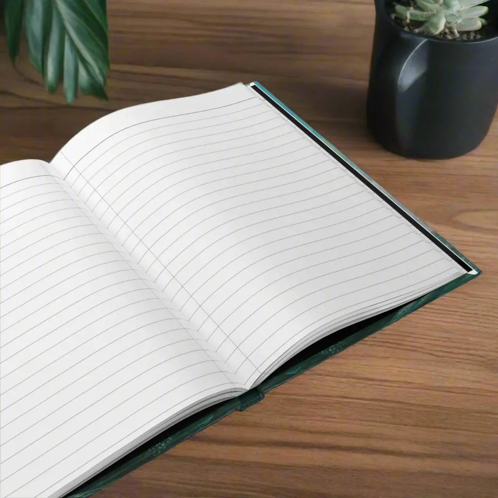 Open hardcover journal with 150 lined-page white lined paper perforated pages for easy removal.