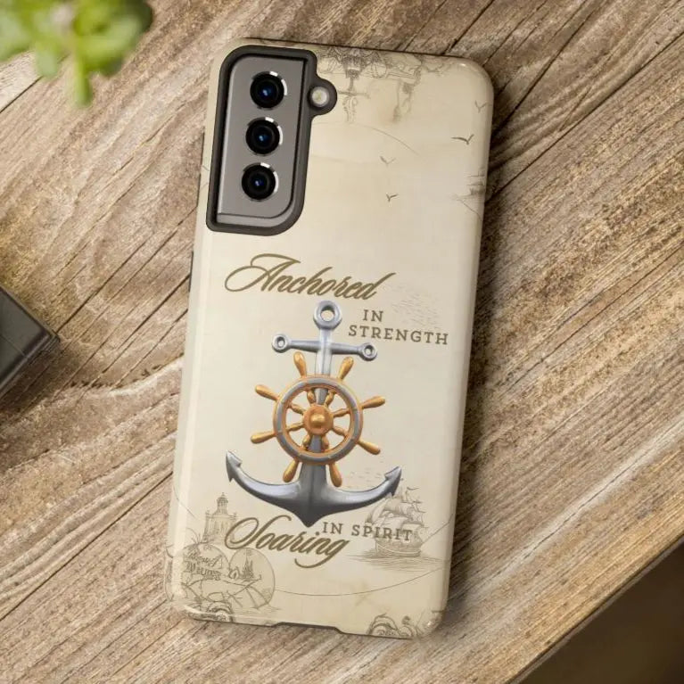 Samsung S24 nautical map phone case with anchor with ship wheel and phrase Anchored Hearts Soaring Spirit design for iPhone and Samsung.