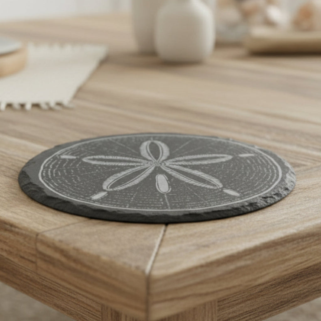 Round black stone with starfish design on a wooden surface