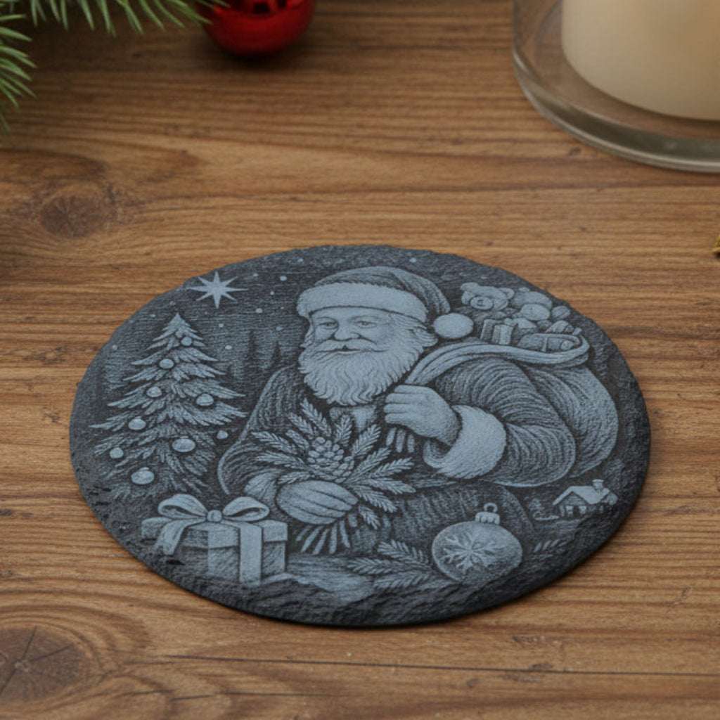 Decorative coaster with a engraved design of Santa Claus engraved.