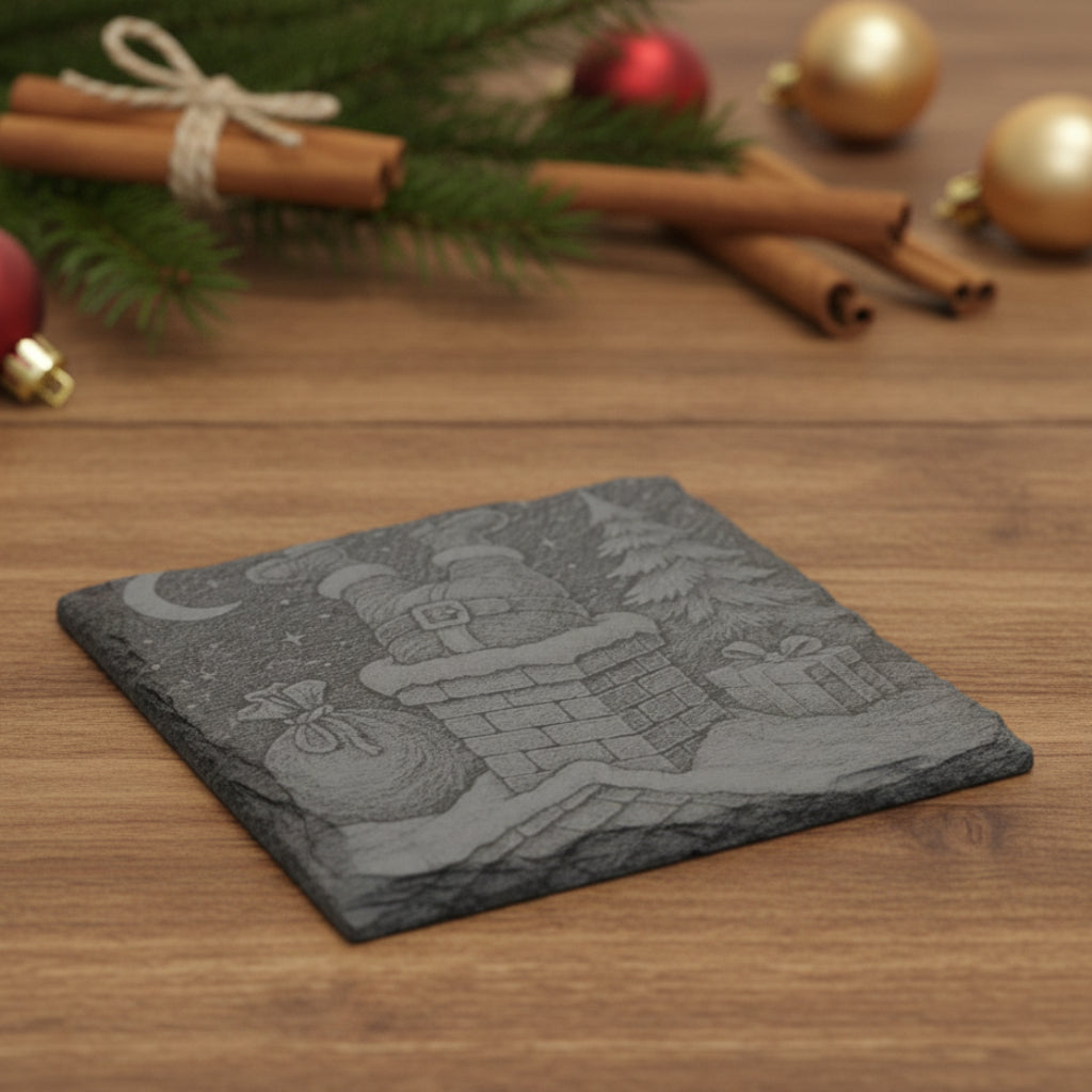 Decorative slate with engraved Christmas scene featuring Santa Claus, a chimney, and presents.