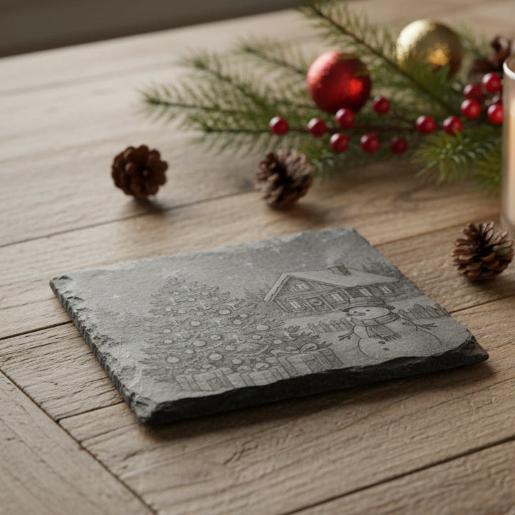 Decorative slate coaster engraved with a snowy Christmas scene featuring a tree and snowman.