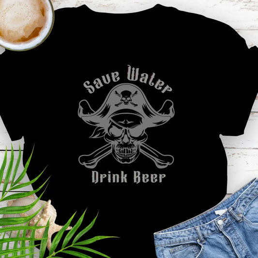 Black with Pirate and text Save Water Drink Beer.
