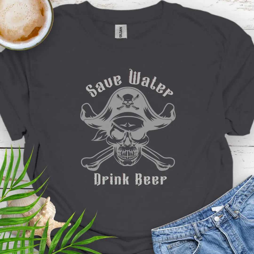 Charcoal with Pirate and text Save Water Drink Beer.