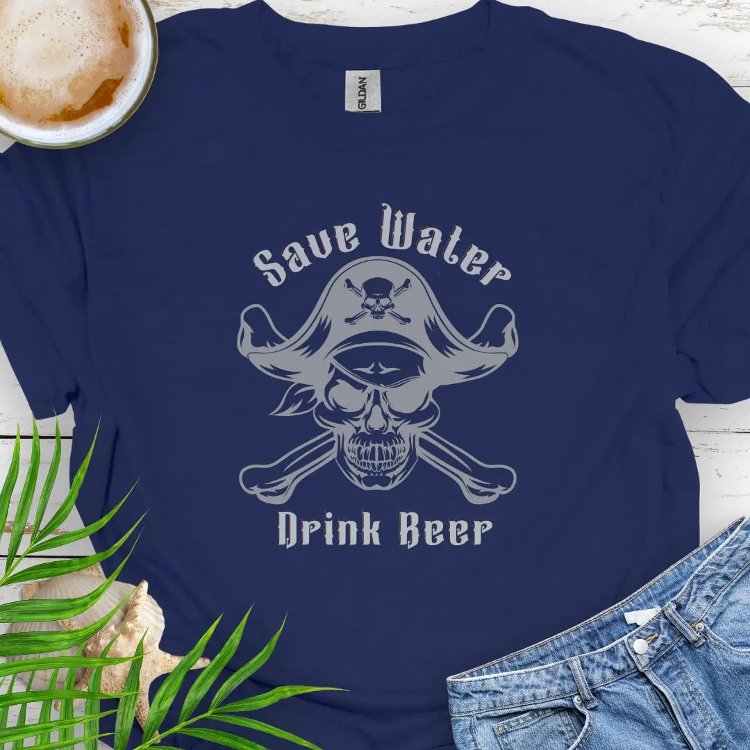 Navy Blue with Pirate and text Save Water Drink Beer.