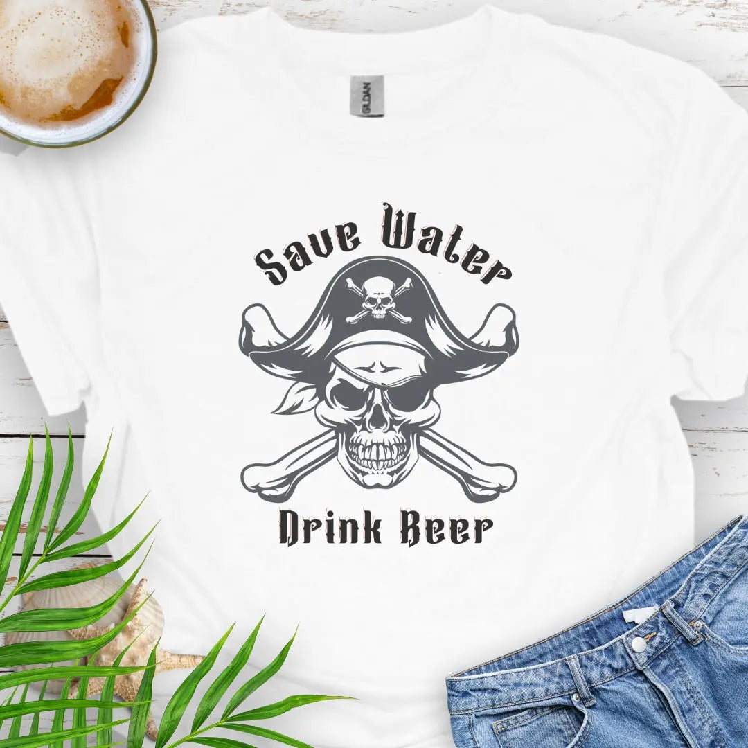 White with Pirate and text Save Water Drink Beer.