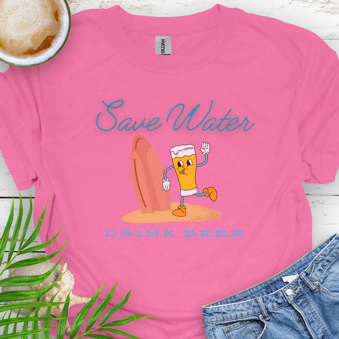 Azalea t-shirt with cartoon beer holding surfboard with text Wave Water Drink Beer.