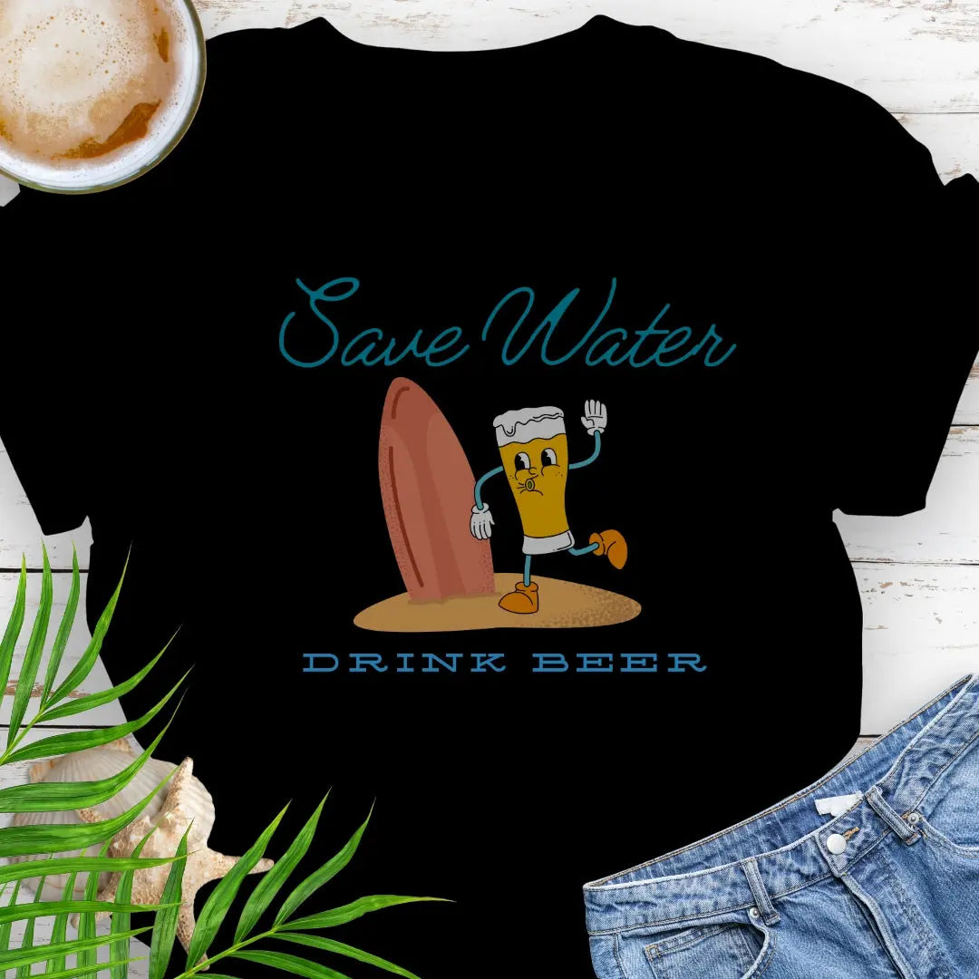 Black t-shirt with cartoon beer holding surfboard with text Wave Water Drink Beer.