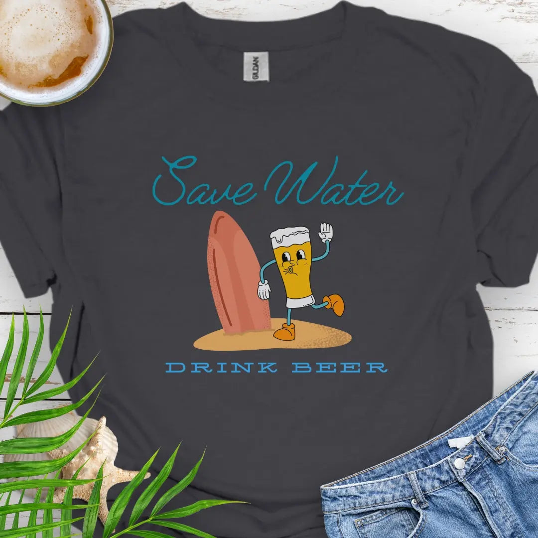 Charcoal t-shirt with cartoon beer holding surfboard with text Wave Water Drink Beer.