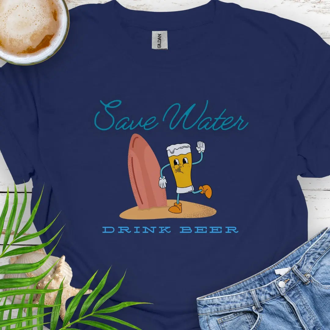 Navy t-shirt with cartoon beer holding surfboard with text Wave Water Drink Beer.
