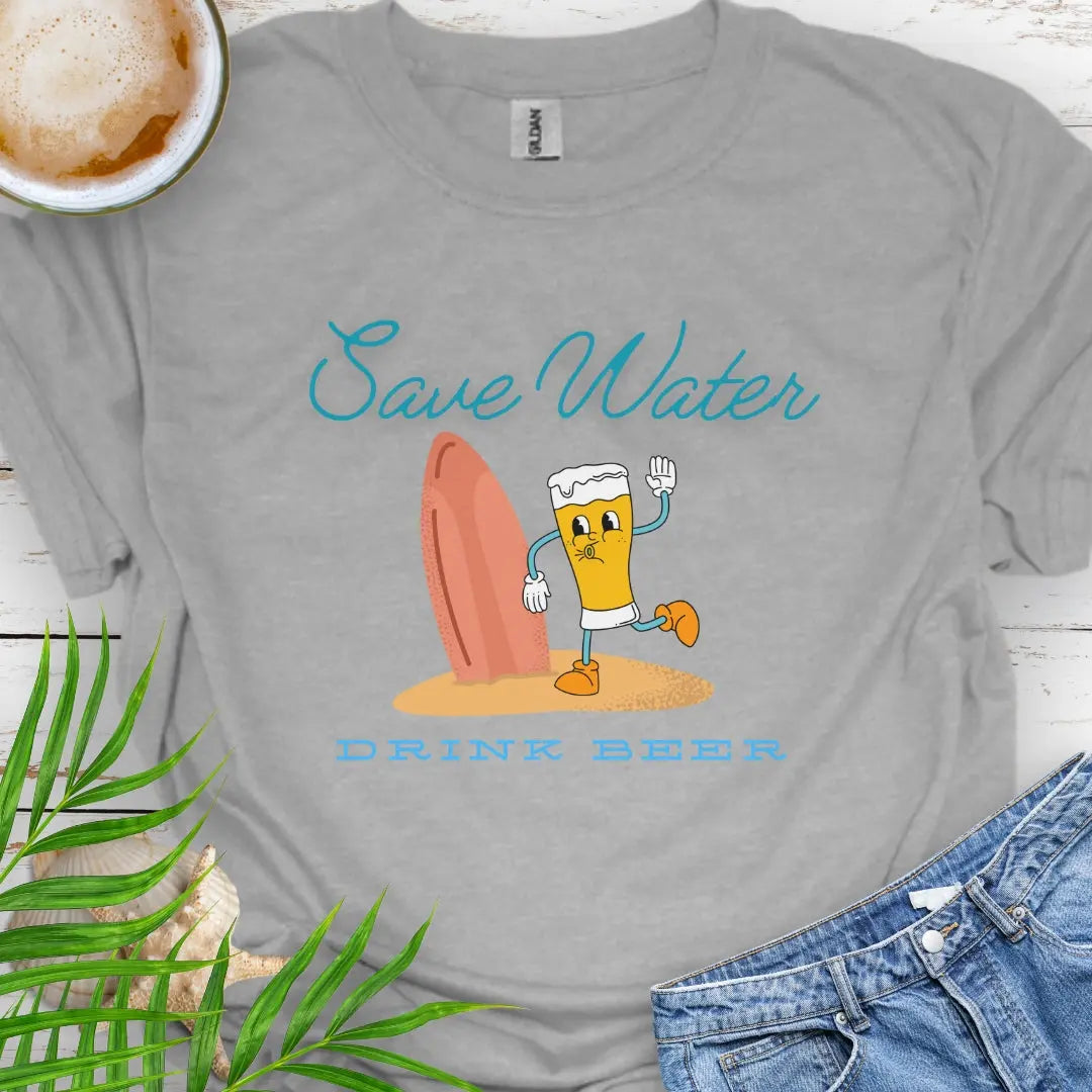 Sport Gray t-shirt with cartoon beer holding surfboard with text Wave Water Drink Beer.