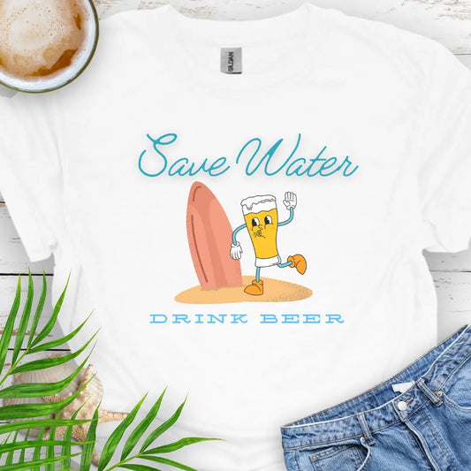 White  t-shirt with cartoon beer holding surfboard with text Wave Water Drink Beer.