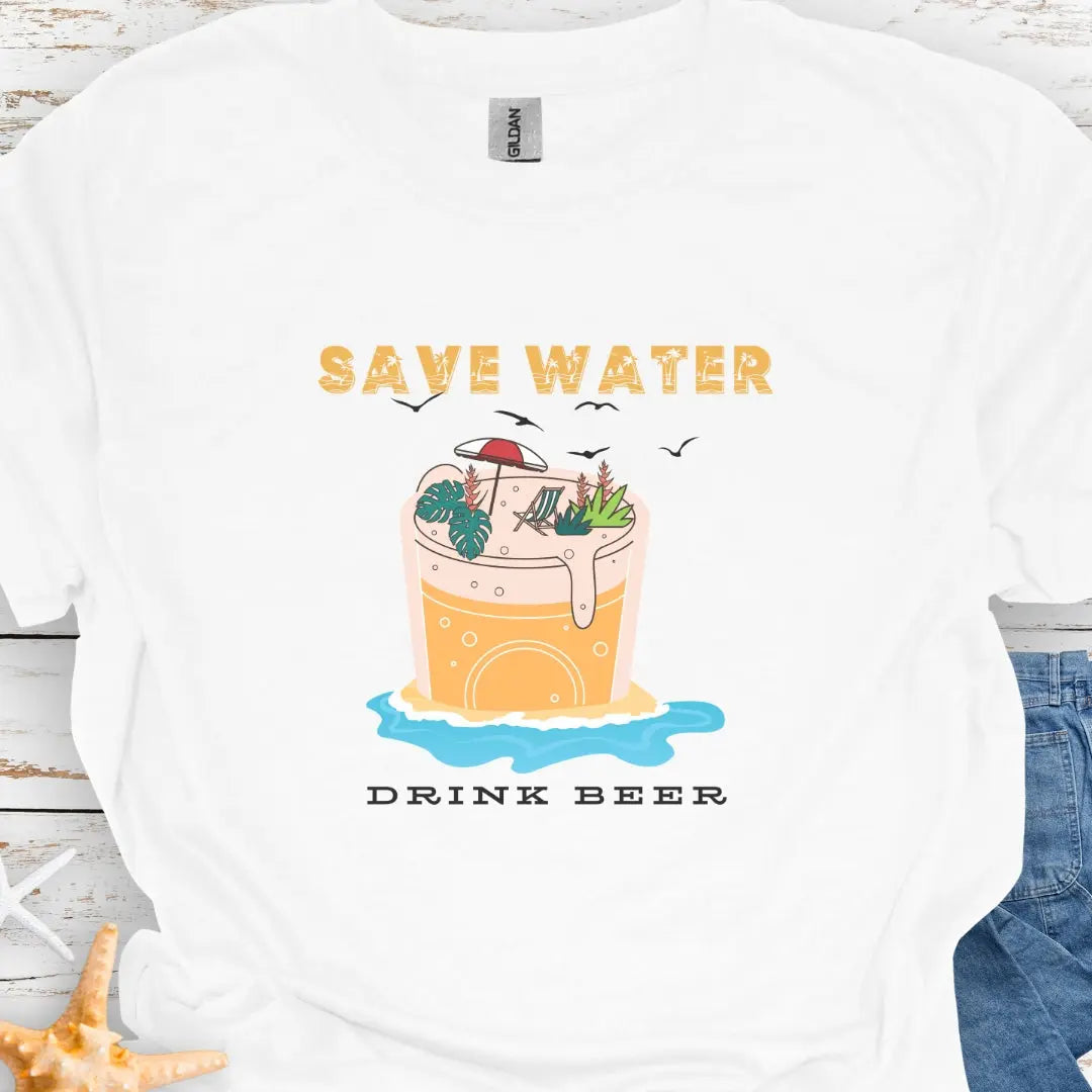 White t-shirt with Beer mug on beach with text Save Water Drink Beer