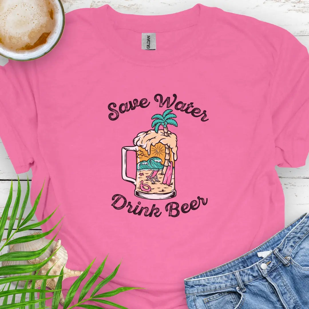 Azalea T-shirt with beer mug filled with an overpour of a beach scene with the text Save Water Drink Beer. Perfect happy hour or party shirt!