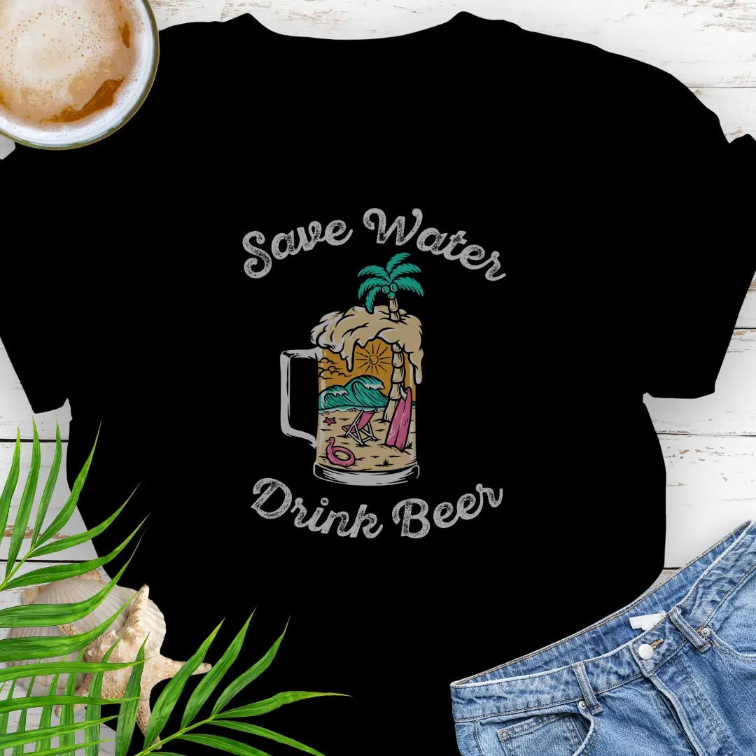 Black T-shirt with beer mug filled with an overpour of a beach scene with the text Save Water Drink Beer. Perfect happy hour or party shirt!